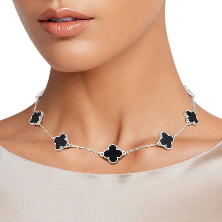 Necklace Silver Black Quatrefoil Clover 7 Motifs for wholesale on Faire
