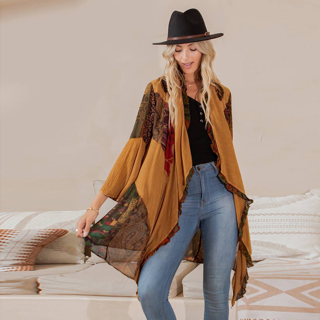 CAMEL Rustic Bohemian: Patchworked Shrug ALSO IN PLUS  for wholesale on Faire4