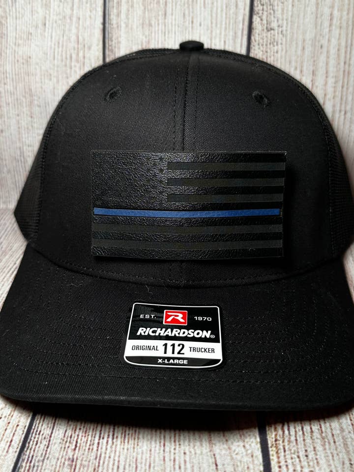 Casquette en similicuir à fine ligne bleue pour la vente par Burnt By Bray LLC