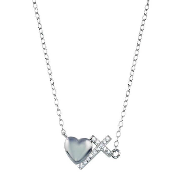 Rhodium Plated Heart Cross Necklace - STP01784CFJ for wholesale by Custom Fashion Jewels