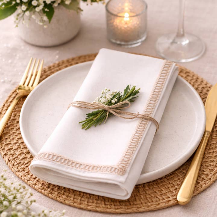 Serviette de table en coton blanc avec bordure en jute 20" pour la vente par Fennco Styles