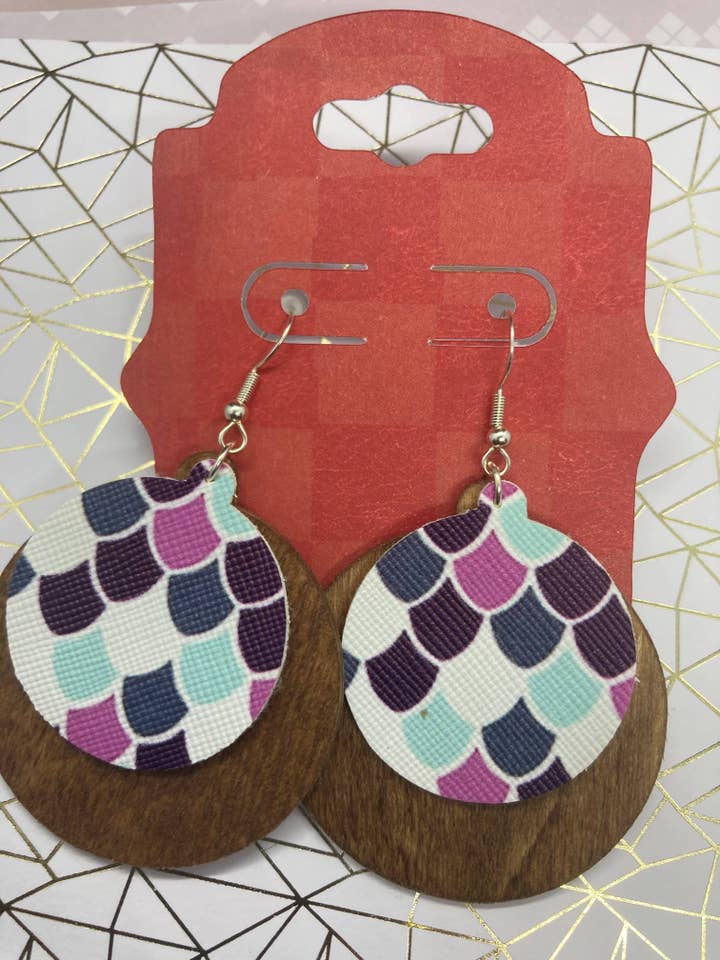 Multi Colored Mermaid scale Faux Leather and wood disc for wholesale by Mr. Mediocrates