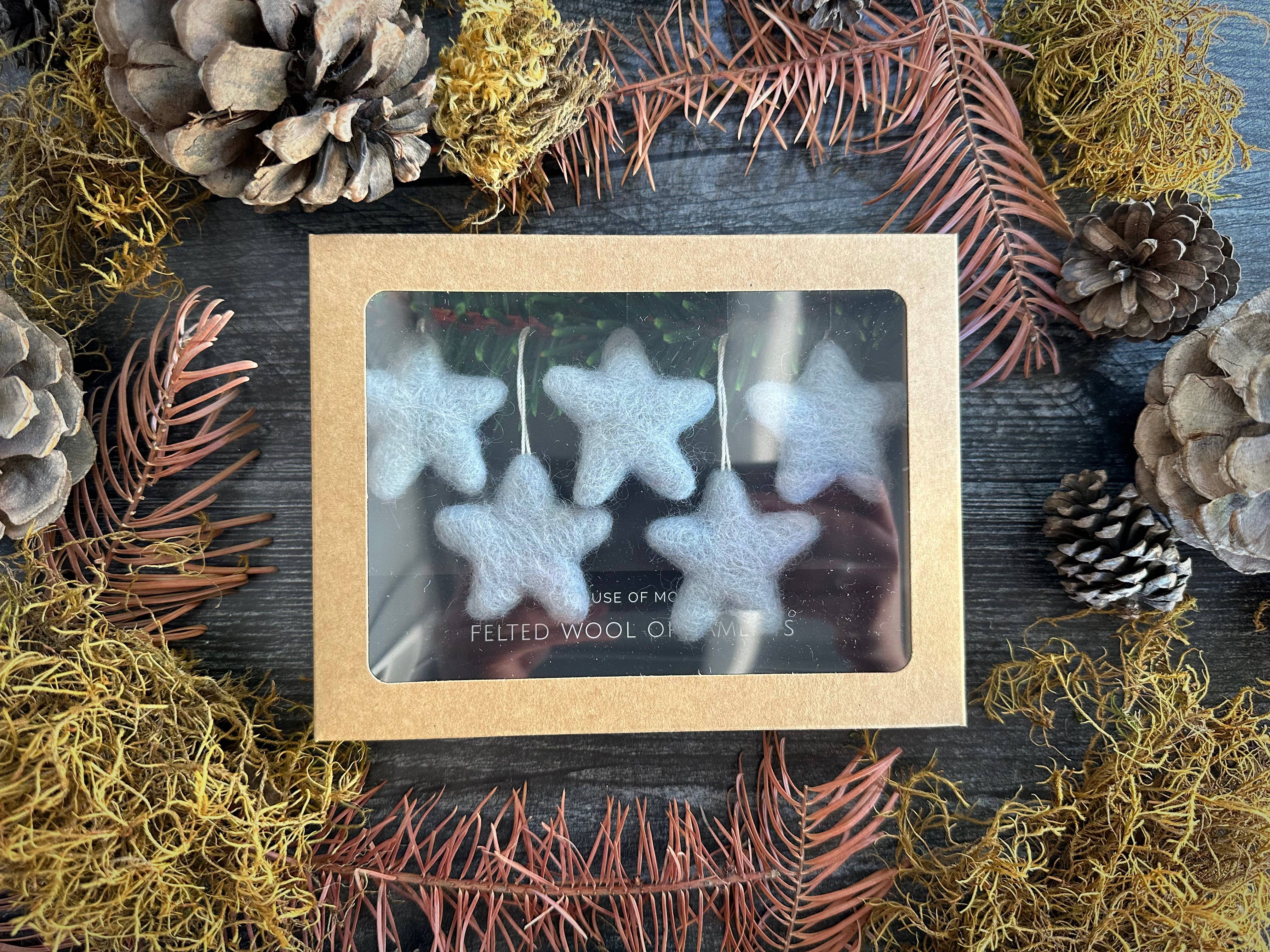 House of Moss - Wholesale Ornament Set - Star Ornaments | Boxed Set of 5 Mini Wool Ornaments3