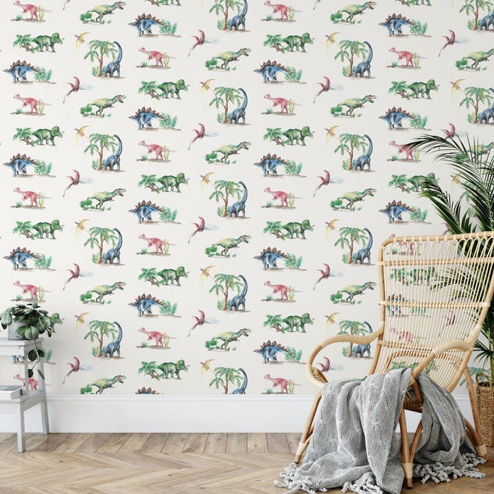Dinosaurs Children's Wallpaper - 52cm wide,10metre long roll for wholesale by Katie Hipwell Design