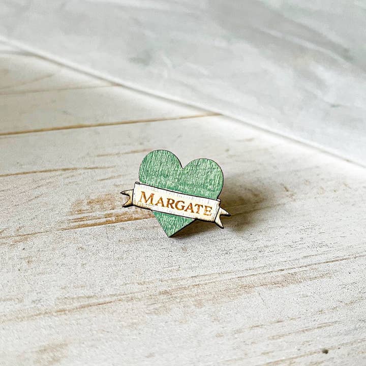 Mini Green Heart with Scroll Custom Pin Badge Brooch for wholesale by Gorgeous Little Bits