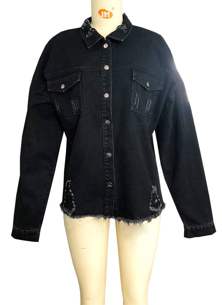 HIDDENBRAND - Wholesale Denim Jacket - Women's - Oversized  ripped frayed edges denim jacket8