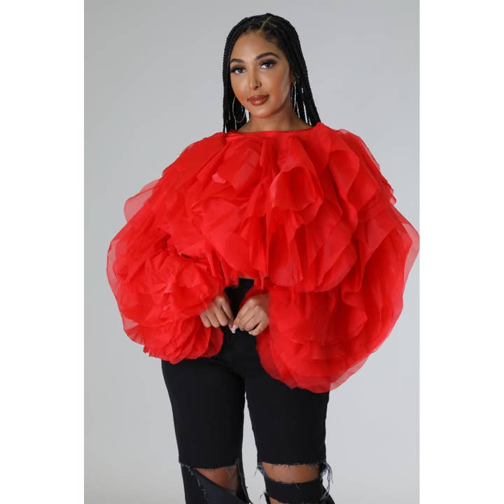 Esmeray Clothing - Wholesale Blouse - Women's - Long Sleeve Ruffle Tulle Crop Top Blouse