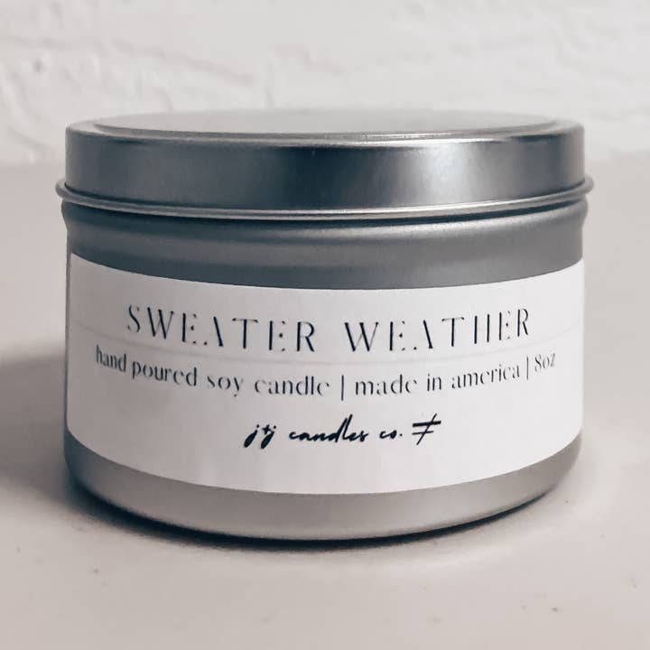 Sweater Weather 8oz Tin Soy Candle for wholesale by j&j candles co.