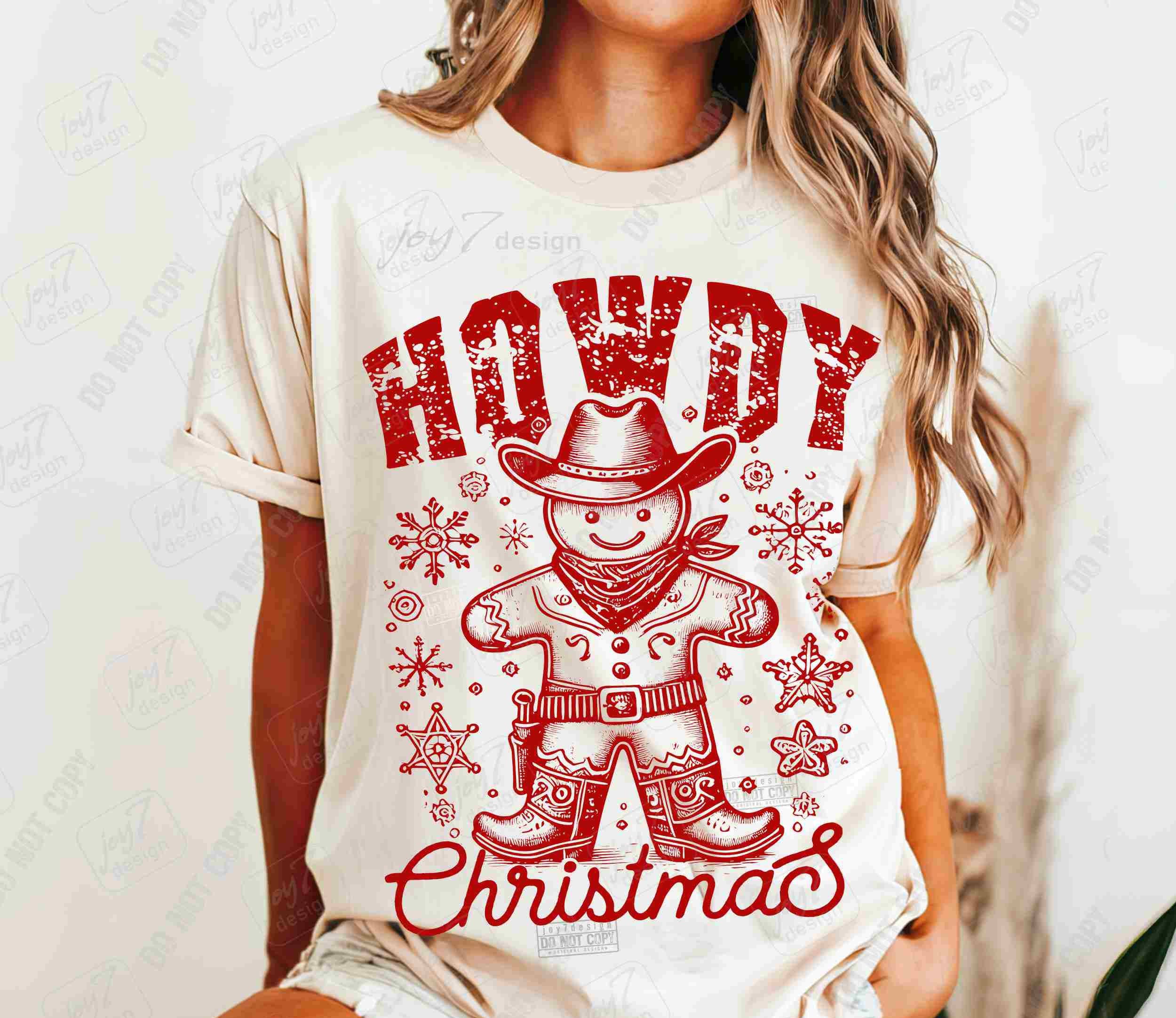 NVC Ecommerce LLC – T-shirt gráfica - Mulher por atacado – Camisola Howdy Christmas, Camisa de Cowboy Gingerbread Man1