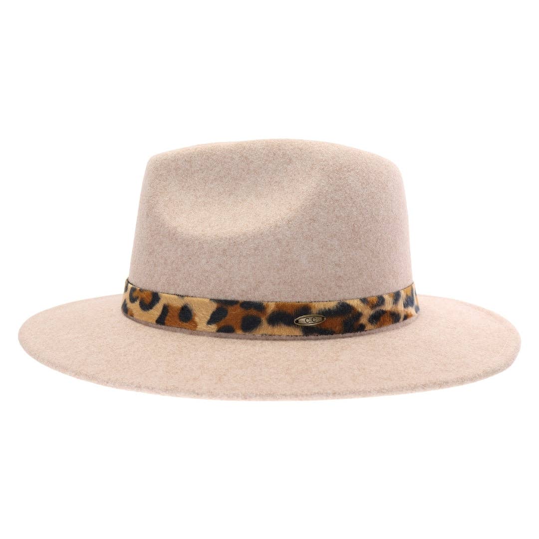 C.C Beanie - Wholesale Fedora - Women's - Leopard Trim Vegan Fabric C.C Panama HAT WF24