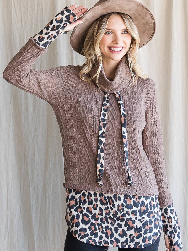 Animal Print Contrast Cable Knit Tunic T4459 for wholesale by 7th Ray