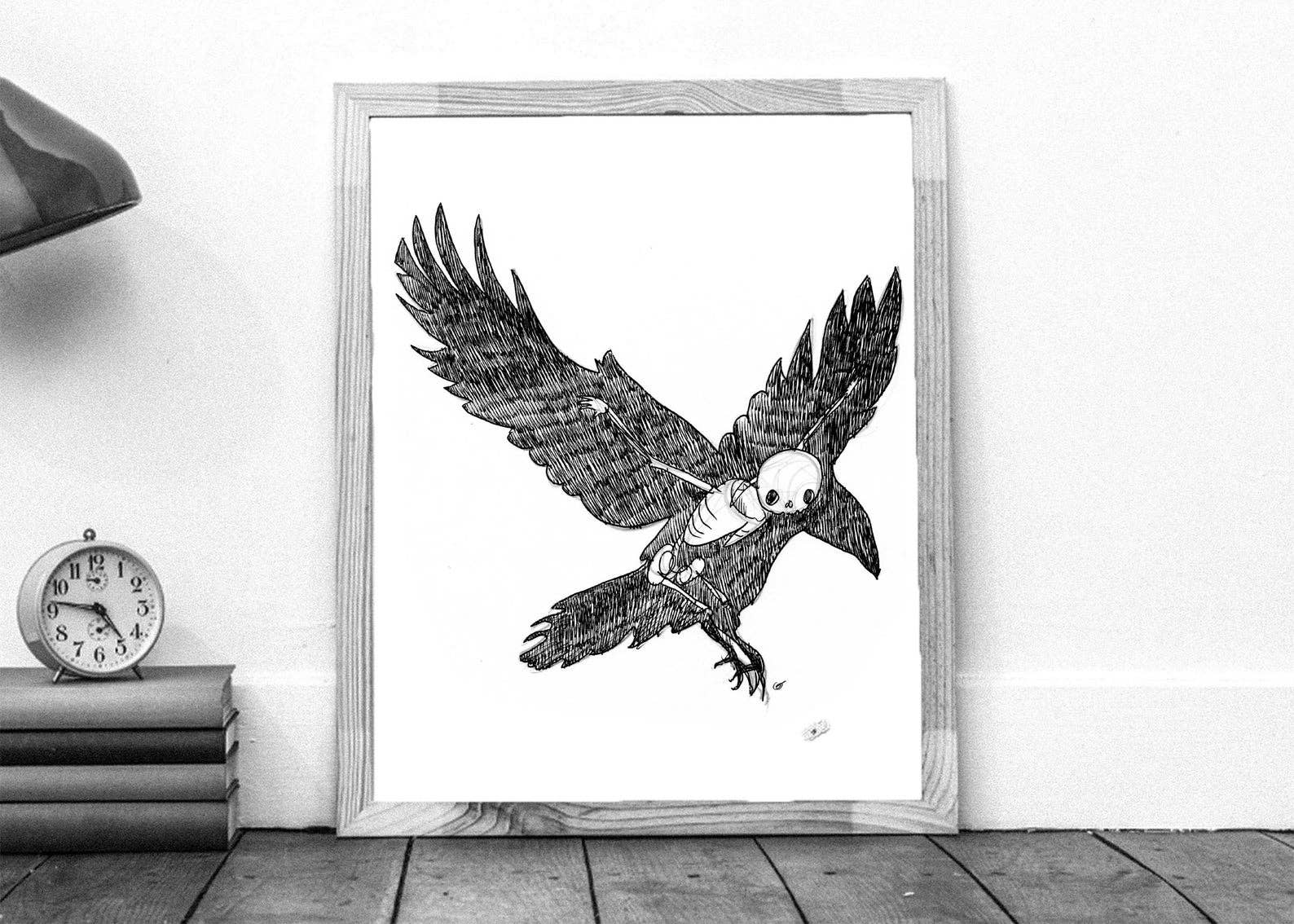 Cat Rocketship - Wholesale Art Print - Crow Skeleton Wall Art  - 8x10, 5x7 Print2