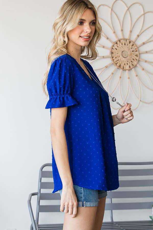 7th Ray - Vendita all'ingrosso Camicetta - Donna - Blusa a maniche corte con volant e scollo a V con pois svizzeri T46838