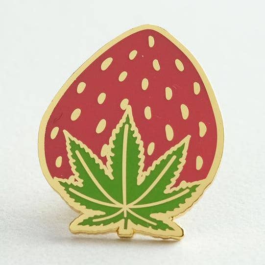 Cannabis Leaf Strawberry Enamel Pin for wholesale by Sleepy Mountain