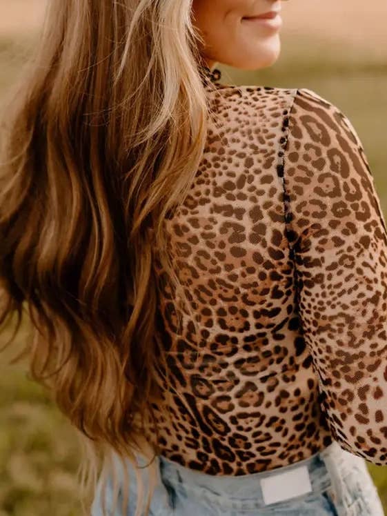 Brown Leopard Smocked Neck Mesh Long Sleeve Bodysuit for wholesale on Faire