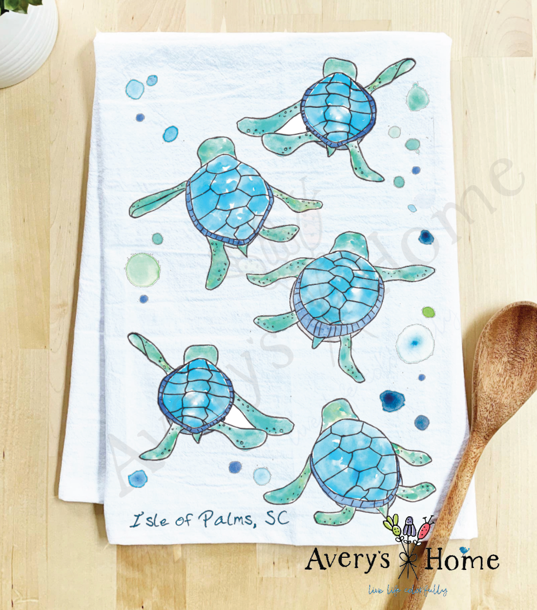 Avery's Home - Vente Torchons - Serviette de cuisine personnalisable avec adorables bébés tortues marchant sur la côte50