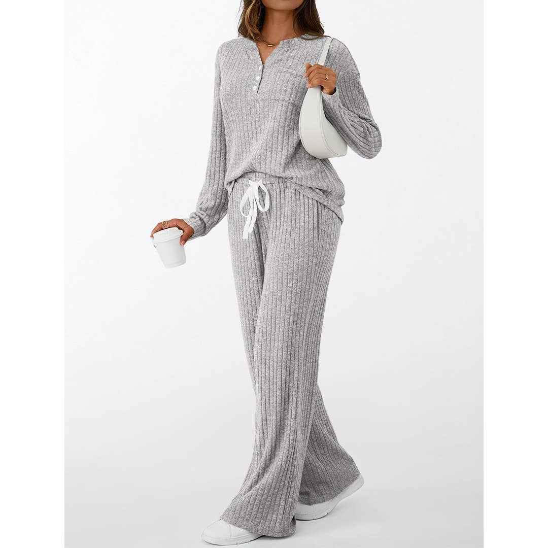 UNISHE - Vente Ensemble de vêtements d'intérieur – femme - Ensemble de pyjama à manches longues côtelées avec boutons et pantalon AXY03914