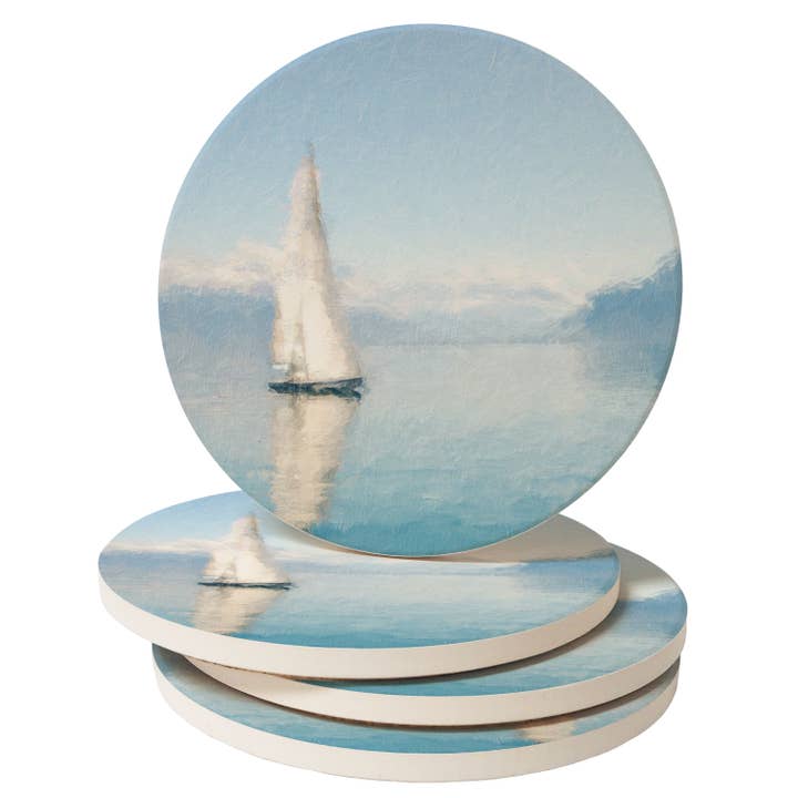 "Whitewashed Sails" 4-Pack Absorbent Stone Coaster Set for wholesale by Conimar Promotions