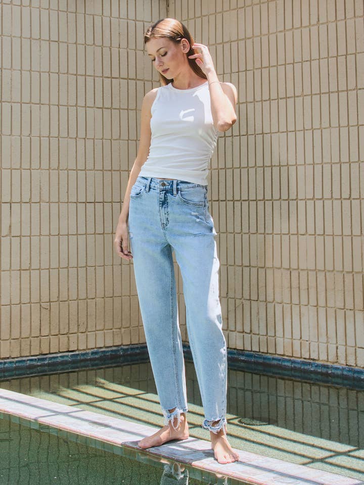 JEANS A VITA ALTA CON GAMBA A BOTTE F5677 per la vendita all'ingrosso da parte di FLYING MONKEY