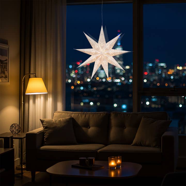 Artschatz LLC - Venta al por mayor Lámpara/farol de papel - Phoenix ~ 9P, 25" luz de estrella de papel blanco/gris