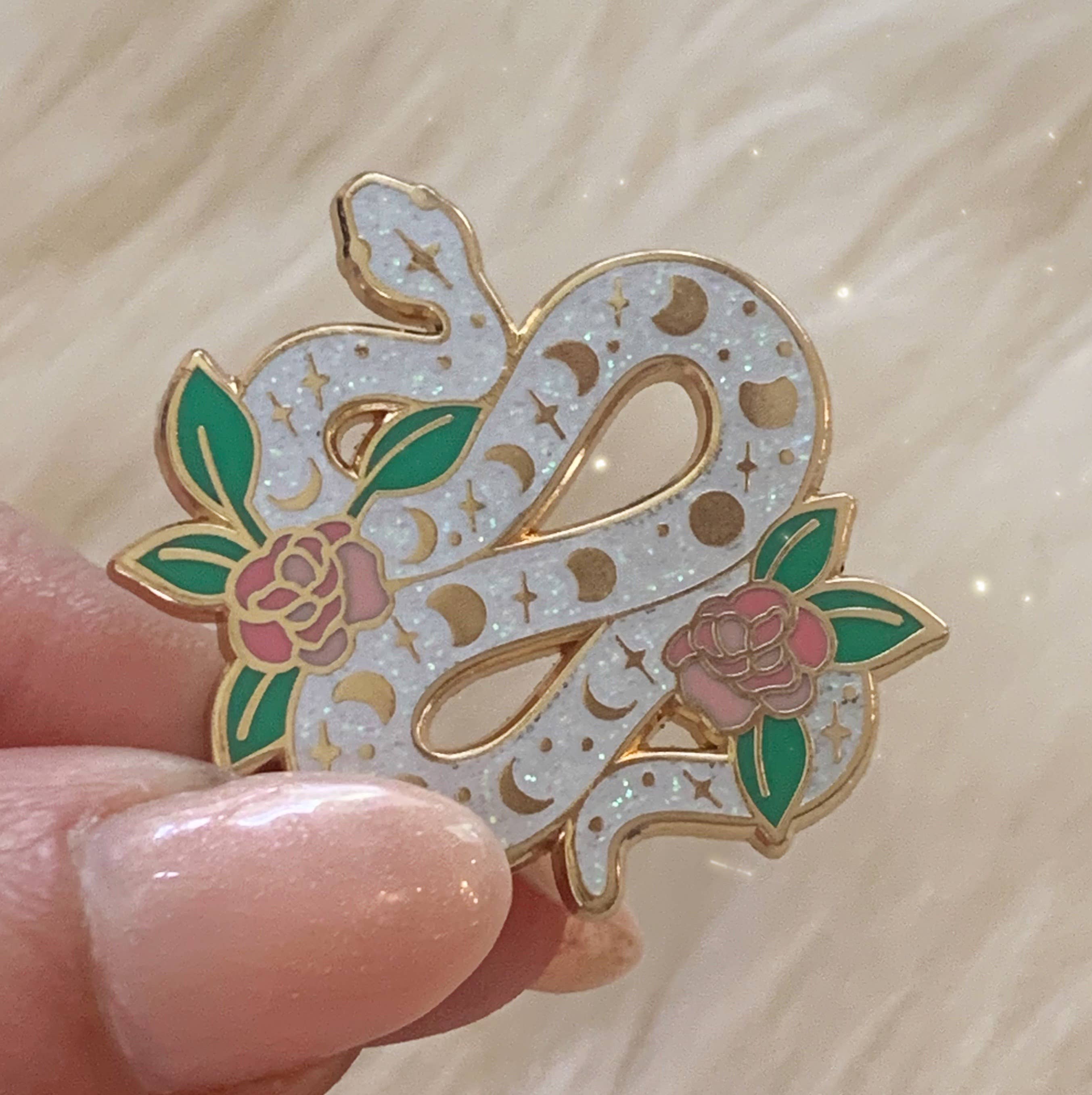 Wildflower + Co. - Wholesale Lapel Pin/Button - Serpent Enamel Pin, White Glitter2