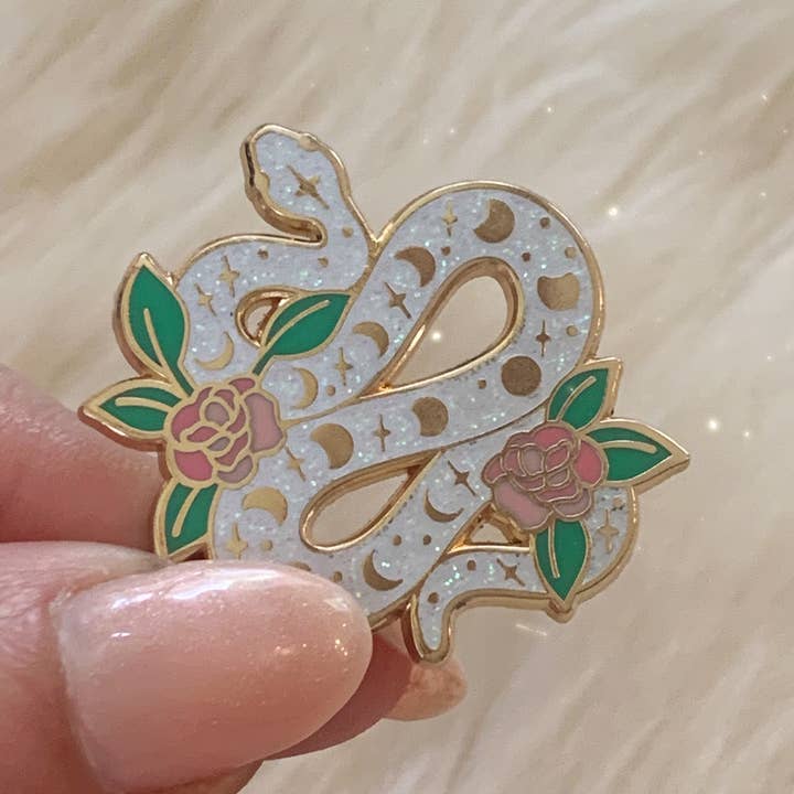 Wildflower + Co. - Wholesale Lapel Pin/Button - Serpent Enamel Pin, White Glitter2
