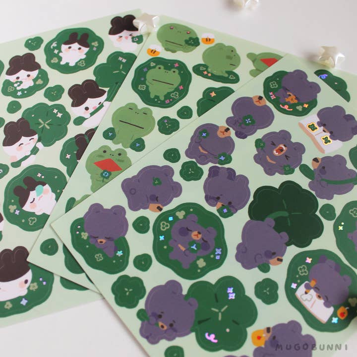 Gilded Holographic Stamped Clover Sticker Sheets for wholesale by Mugobunni