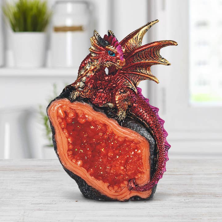 4"H Red Volcano Dragon Guarding Faux Crystal Figurine Gifts for wholesale by FC Design