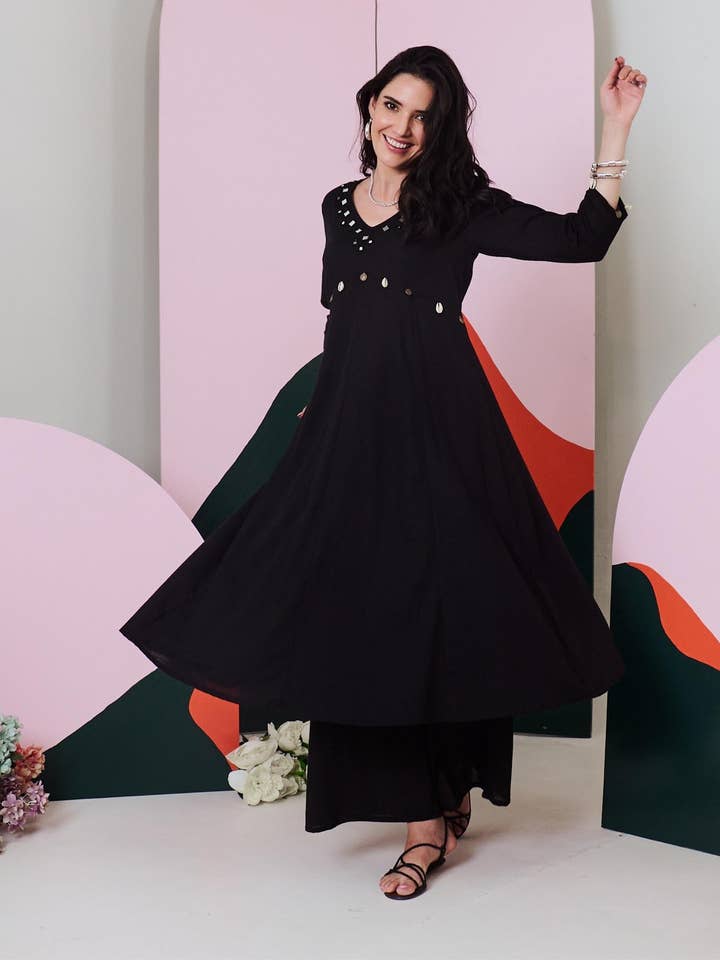 House of Amaya – wholesale Top & pants set (NOT Loungewear) – Women's – Ajuni Black Mirror Embroidered Kurta, Palazzo with Chanderi Dupatta (Set of 3)1