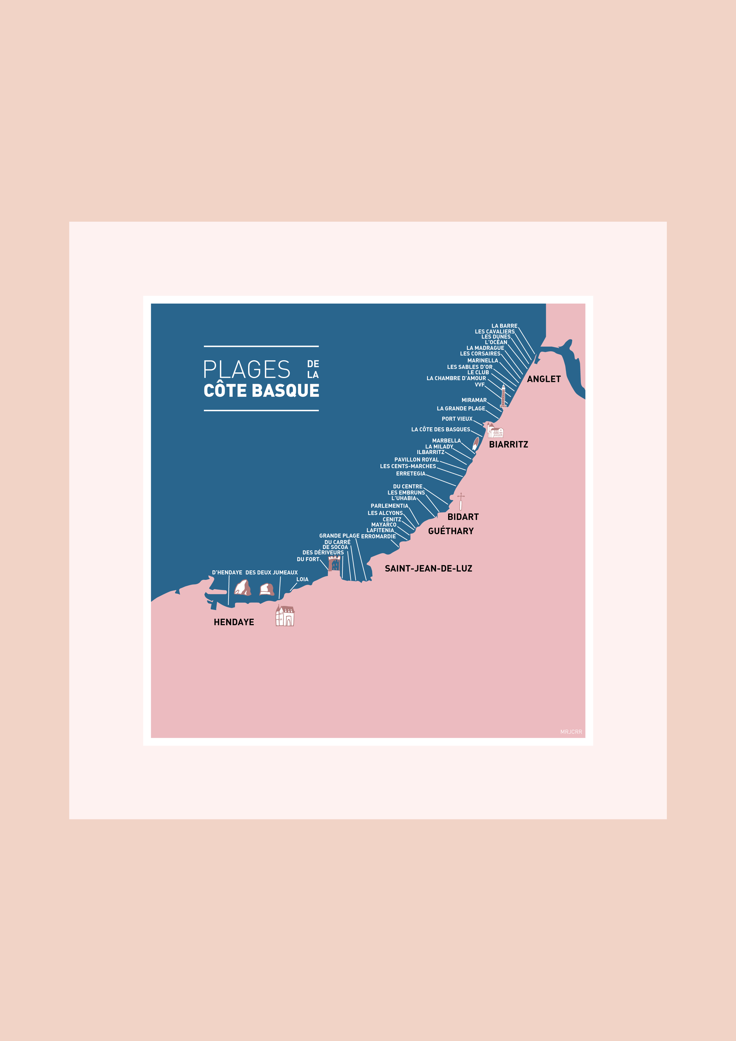 Mrjcrrart - Wholesale Postcard - Map of the Beaches of the Basque Coast1