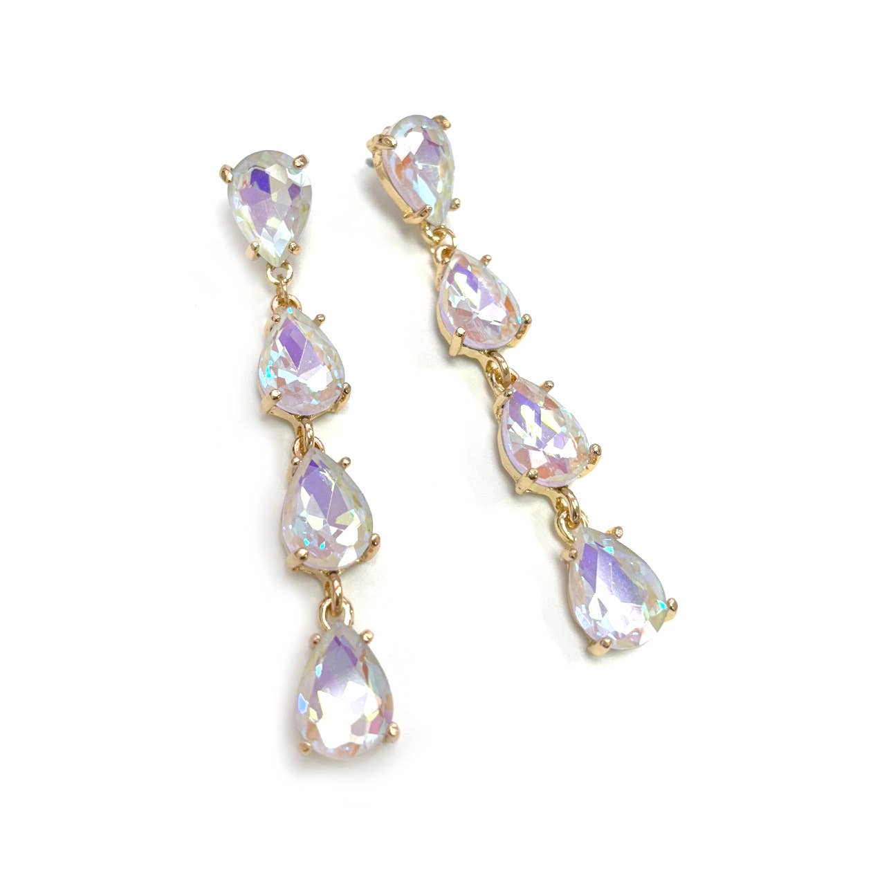 StarryNYC - Wholesale Dangle Earrings - Glass Stone Teardrop 4 Link Iridescent Crystal Earrings12
