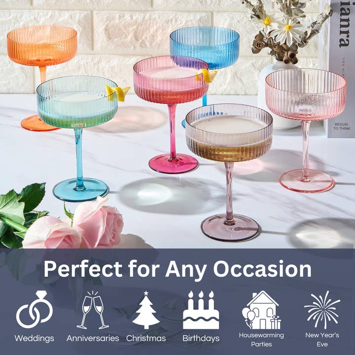 The Wine Savant / Khen Glassware – wholesale Cocktail-/likörglas – Räfflade Vintage Art Deco Coupeglas | 10 OZ Glas, 6-Set