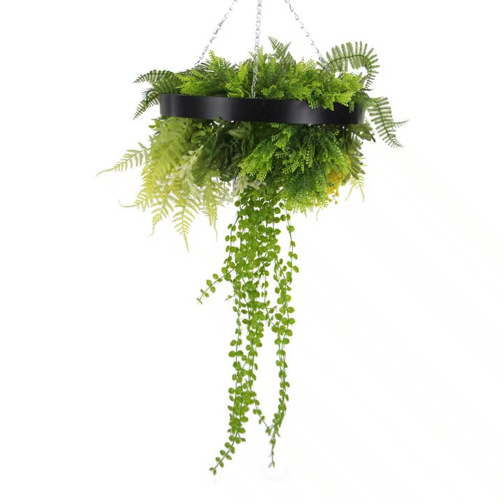 Designer Plants - Wholesale Artificial Plant - Black Framed Roof Hanging Disc With Draping Faux Plants 15.5"