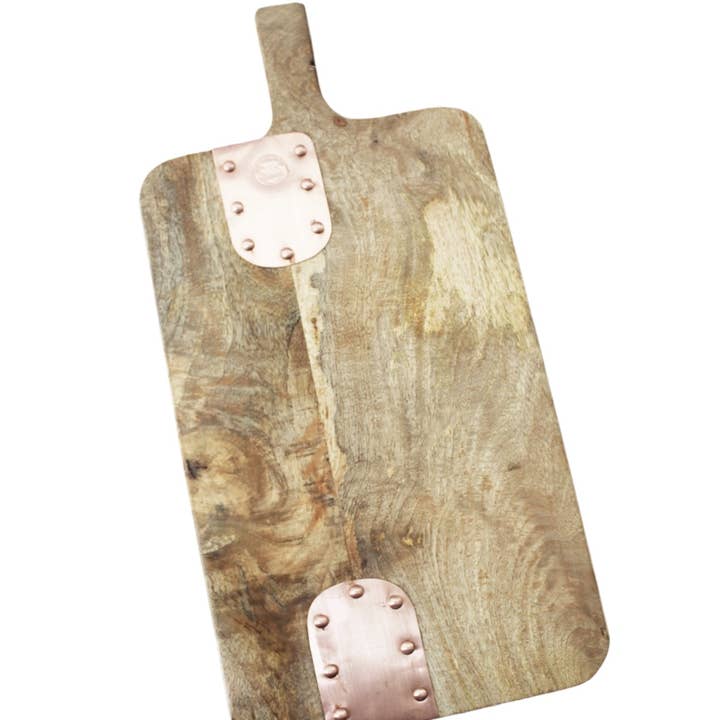 Vintage Inspired Wooden Charcuterie Board with Copper Detail for wholesale by Coppermill Kitchen LLC