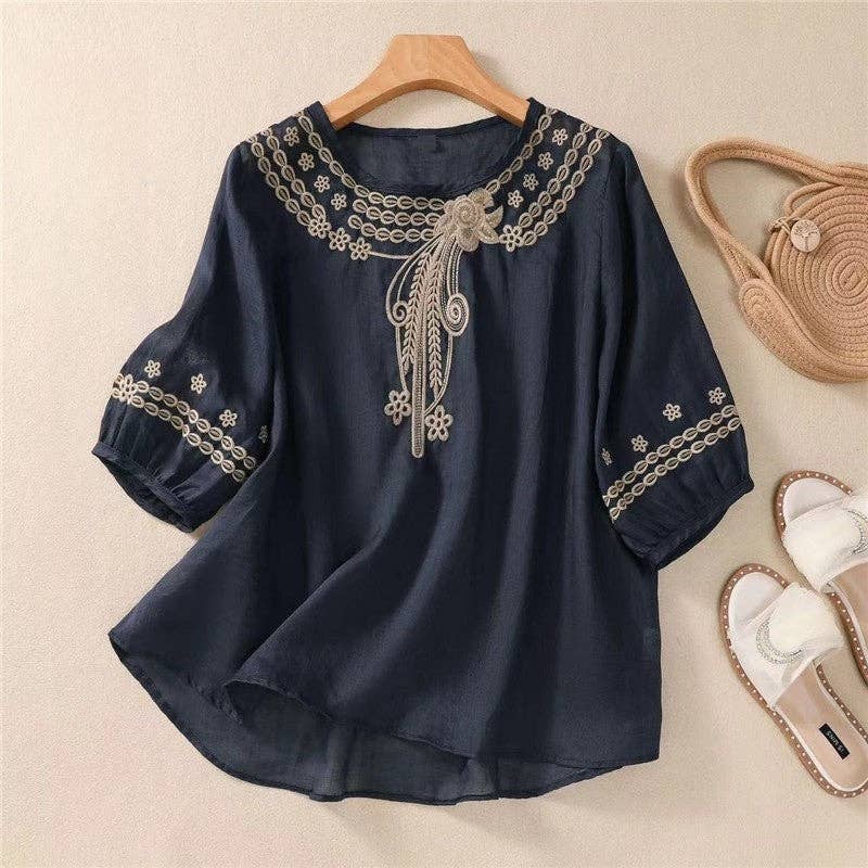FurDecoration – wholesale Blouse – Women’s – Flowy Embroidered Linen Blouse - Perfect for a Sleek Silhouette1