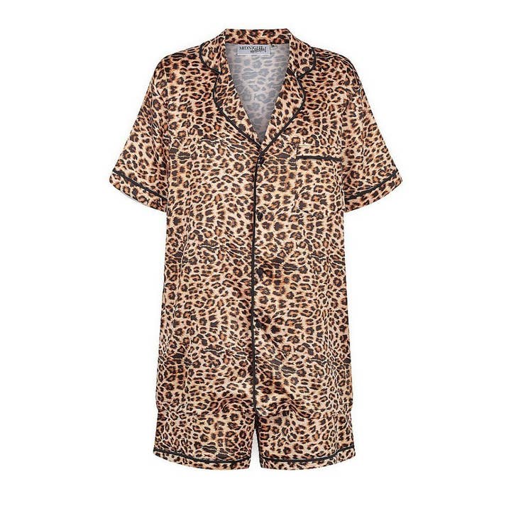 Limited Edition Satin Pyjama Set - Short Sleeve Leopard Prin for wholesale by Midnight Mischief