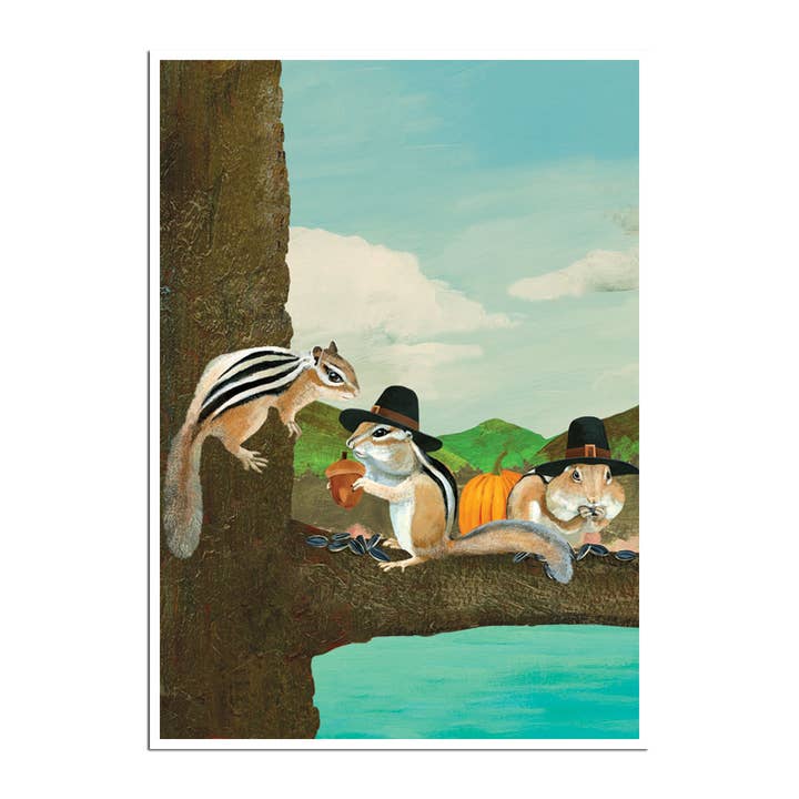 Chipmunk Pilgrims Thanksgiving Card for wholesale by Allport Editions