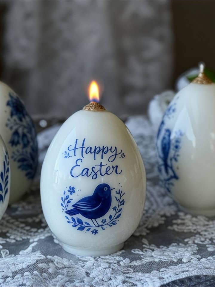 1 pc Easter Egg Candle Blue Floral Toile Spring home decor for wholesale by VR.candle