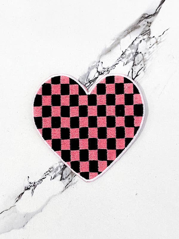 Pink Black Check Heart Embroidered Patch for wholesale by Nash Grey