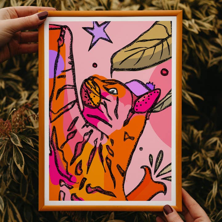 Pink Cat Art Print, Animal Wall Art for wholesale by Freya Niamh