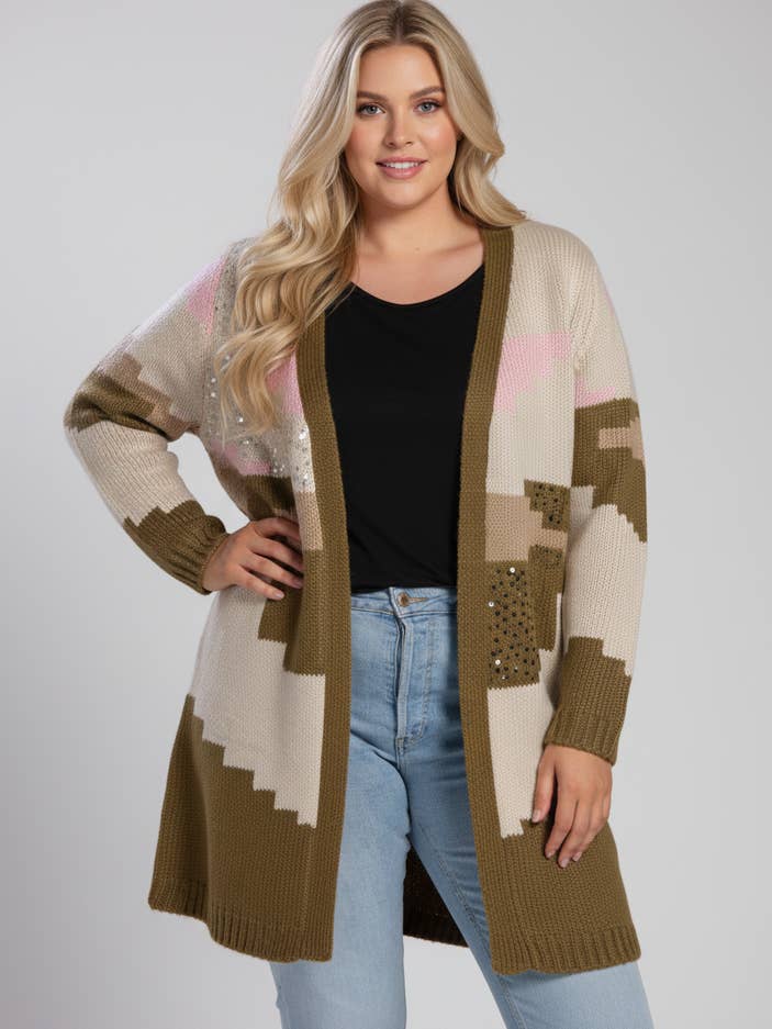 Große khakifarbene Colorblock-Weste mit Pailletten (JX080) für den Großhandel von Pomme Rouge Paris