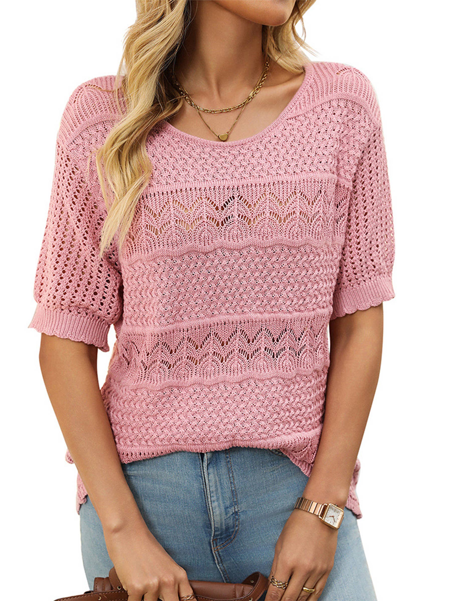 Wholesalesir - Wholesale Knit Top - Women's - Round Neck Hollowed Out Short Sleeved Top3