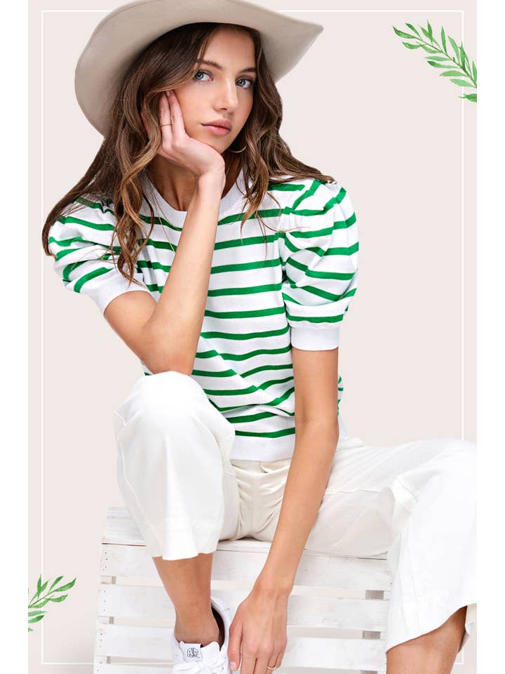 La Miel - Wholesale Knit Top - Women's - JCS3562-Lightweight Puff Short Sleeve Stripe Knit Top12