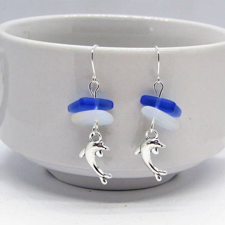 Bad Apple Designs - Wholesale Dangle Earrings - Dolphin Earrings with Sea Glass, Moonstone & Sapphire2