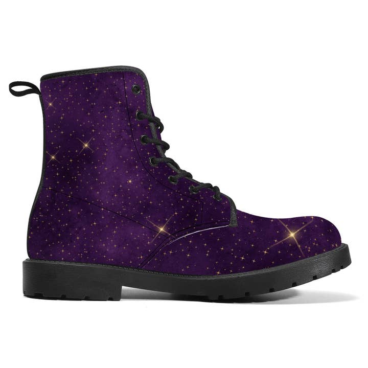 Raiana's Vibes - Wholesale Combat/Military Boots - Women's - Purple Galaxy Women's Boots, Vegan Leather, Chakra Boots, Handcrafted Boots, Combat Boots, Rave Outfit, Trippy Hippie, Galaxy Mens Boots