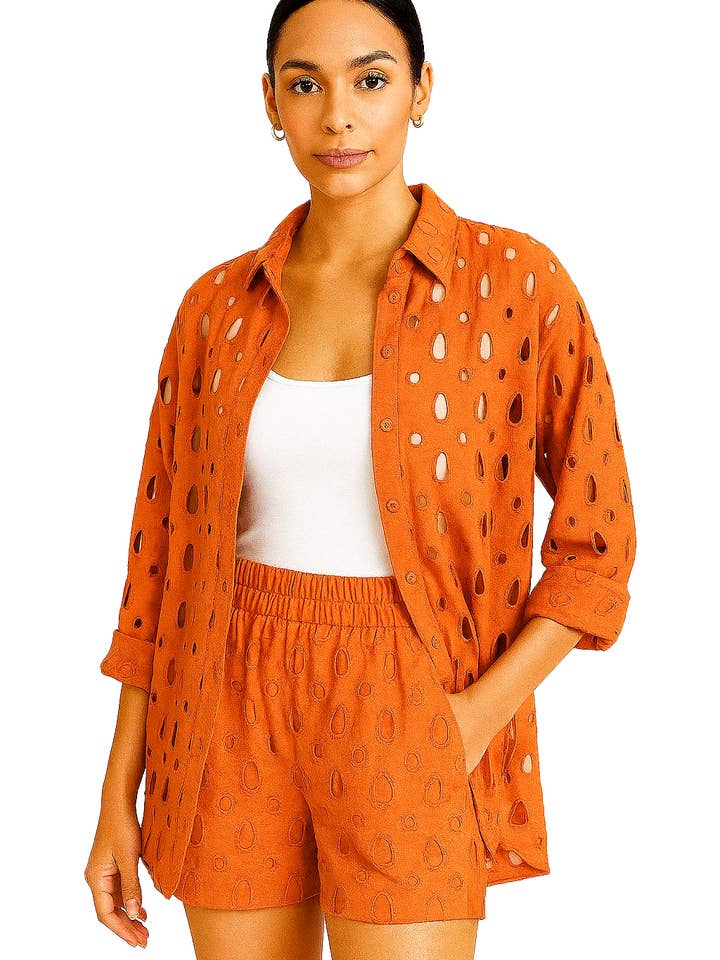 Damen Eyelet Shorts Set Baumwolle Button-Up Top LCS3719 - S-XL für den Großhandel von Azucar & Bohio