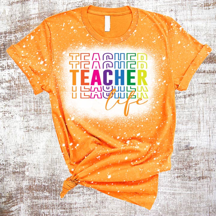 Sweet Tees - Wholesale T-Shirt (Graphic) - Women's - Teacher Life Rainbow Stacked Sublimation Bleached Tee
