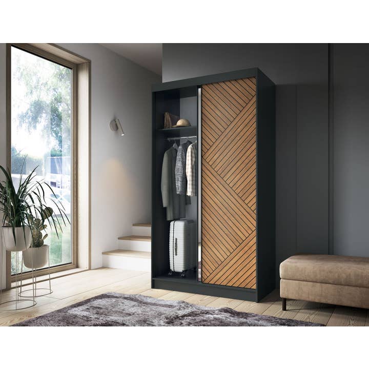 Marrphy Mirrored 2 Sliding Door Freestanding Wardrobe - Black/Oak Caramel for wholesale by ReForm Creative Home