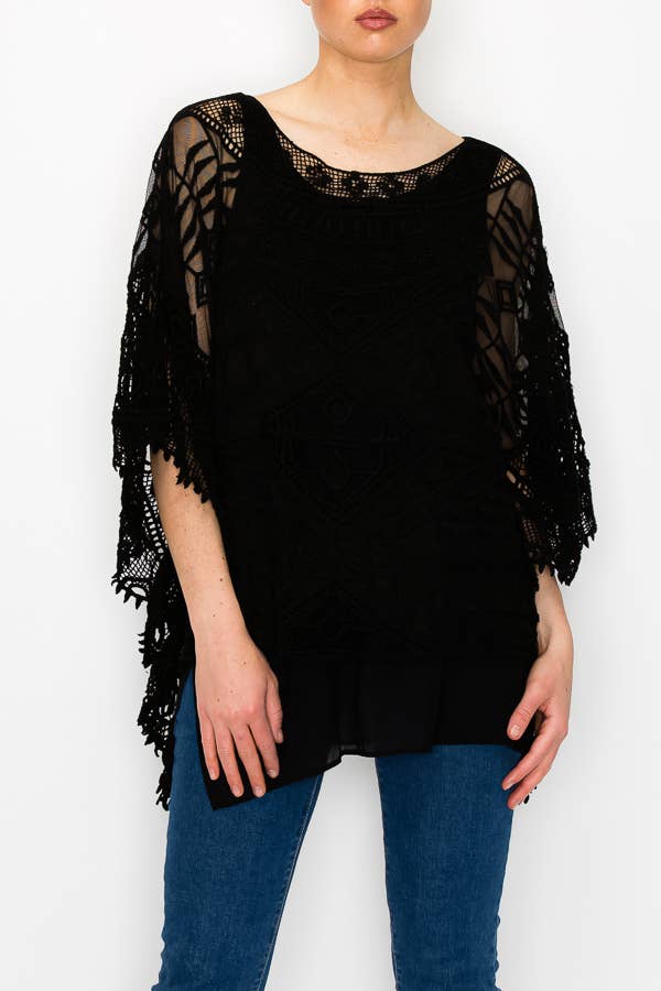 Origami Apparel ~  Lace and Crochet inspired – wholesale Blouse – Women’s – Ornate Crochet Poncho Top With Geometric Embroidered Details -1139 BK2