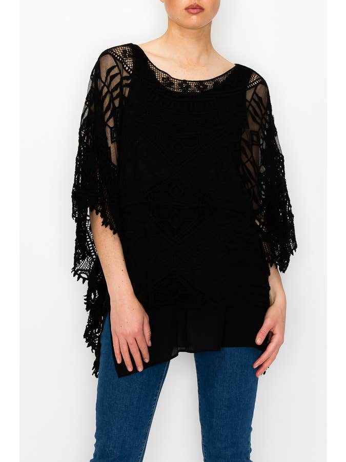 Origami Apparel ~  Lace and Crochet inspired - Wholesale Blouse - Women's - Ornate Crochet Poncho Top With Geometric Embroidered Details -1139 BK2